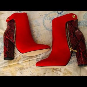 Red and snake print booties